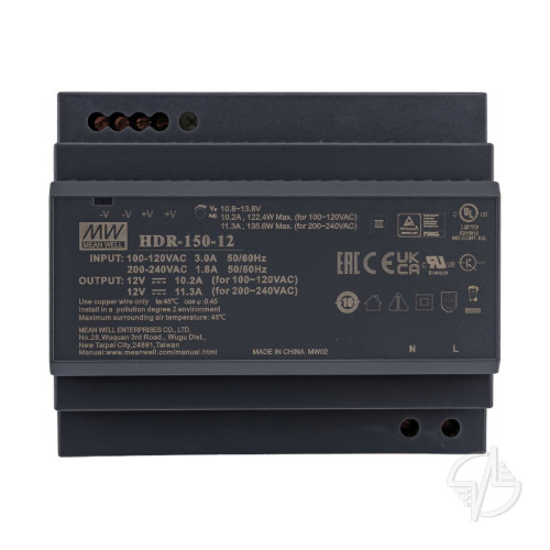 Блок питания AC-DC, 135.6Вт, вход 85-264 В AC 47-63Гц,120-370В DC, выход 12В,11.3А, рег. выхода 10.8-13.8В, в кожухе на DIN-рейку (HDR-150-12)