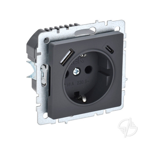 Розетка с заземлением шторки 16А с USB A+C 18Вт РЮш11-1-БрГ графит IEK BRITE (BR-R14-16-U22-018-K53)