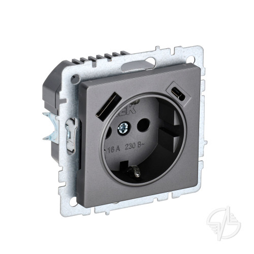 Розетка с заземлением шторки 16А с USB A+C 18Вт РЮш11-1-БрС сталь IEK BRITE (BR-R14-16-U22-018-K46)