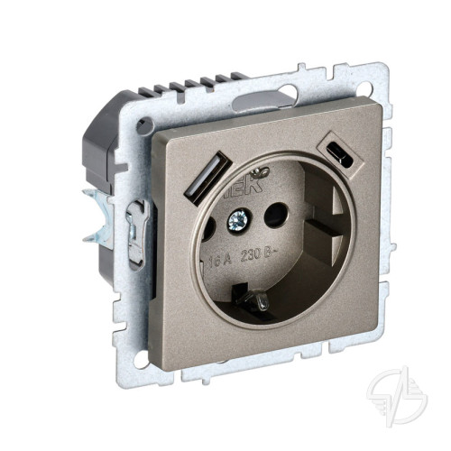 Розетка с заземлением шторки 16А с USB A+C 18Вт РЮш11-1-БрШ шампань IEK BRITE (BR-R14-16-U22-018-K37)