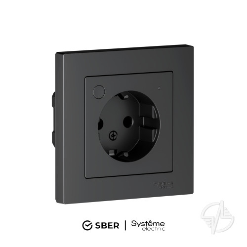 Розетка ATLASDESIGN SMART с заземлением со шторками Zigbee L+N 16А мех. карбон Systeme Electric (ATN001045Z)