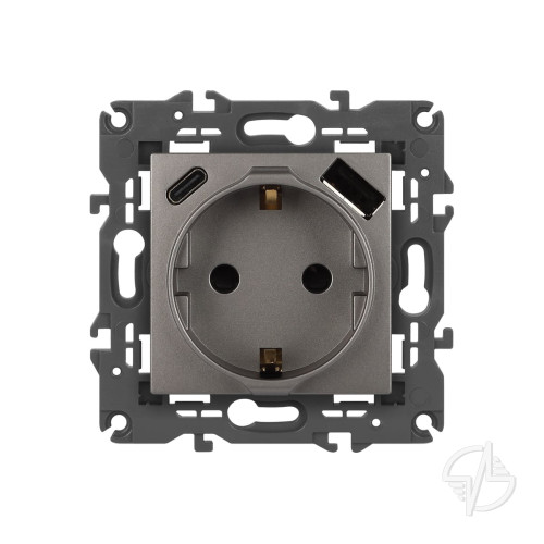 Розетка Elegance 14-4108-16 2P+E 16A-250В со шторками с USB type-A+C 5В-3А титан ЭРА (Б0067695)