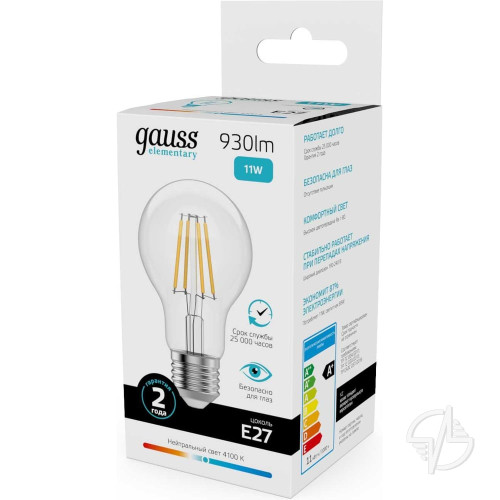 Лампа светодиодная филаментная LED 11 Вт 930 лм 4100К А60 груша нейтральный E27 AC 220В прозрачная колба Elementary GAUSS (22221)