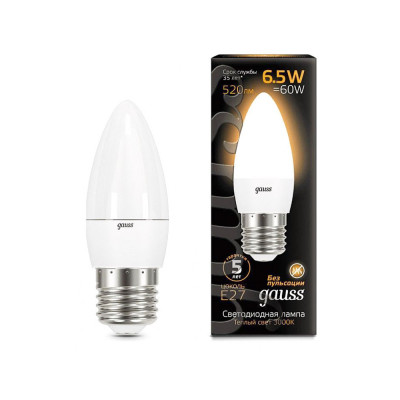 Лампа светодиодная LED 6.5вт 230в Е27 теплый 2700К матовая свеча Gauss (103102107)