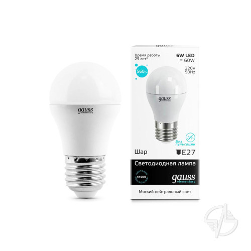 Лампа светодиодная LED 6вт 230в Е27 белый 4100К матовый шар Gauss (53226)