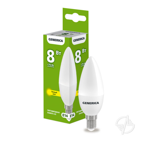 Лампа светодиодная C35 свеча 8Вт 230В 3000К E14 GENERICA (LL-C35-08-230-30-E14-G)
