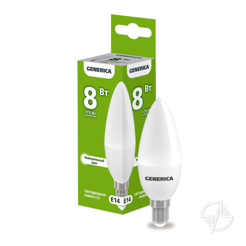 Лампа светодиодная C35 свеча 8Вт 230В 4000К E14 GENERICA (LL-C35-08-230-40-E14-G)