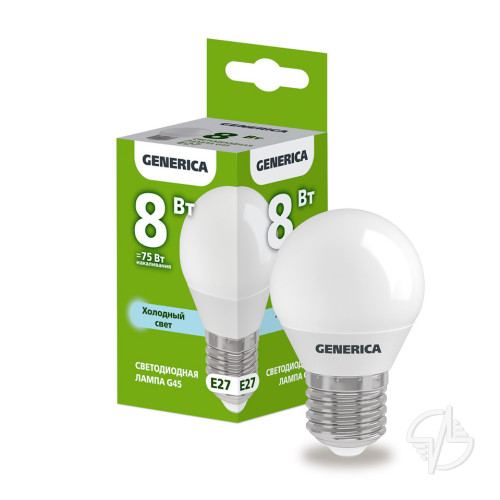 Лампа светодиодная G45 шар 8Вт 230В 6500К E27 GENERICA (LL-G45-08-230-65-E27-G)
