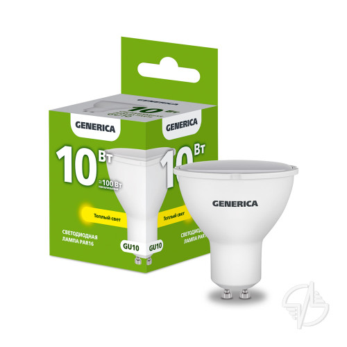 Лампа светодиодная PAR16 софит 10Вт 230В 3000К GU10 GENERICA (LL-PAR16-10-230-30-GU10-G)