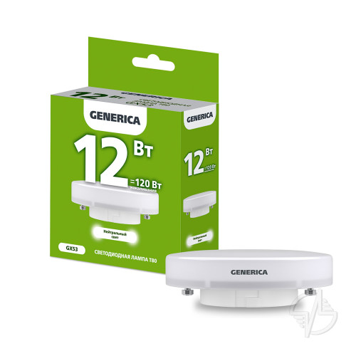 Лампа светодиодная T80 таблетка 12Вт 230В 4000К GX53 GENERICA (LL-T80-12-230-40-GX53-G)