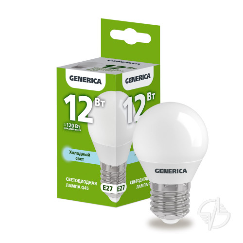 Лампа светодиодная G45 шар 12Вт 230В 6500К E27 GENERICA (LL-G45-12-230-65-E27-G)