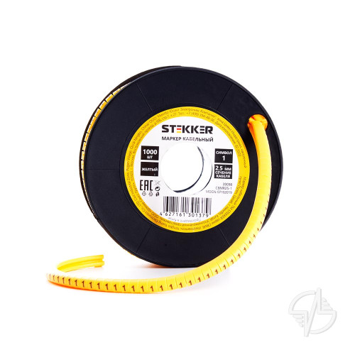 Кабель-маркер "1" для провода сеч.1,5мм2 STEKKER CBMR15-1 , желтый, упаковка 1000 шт (39087)