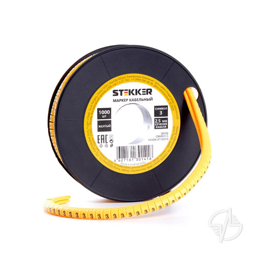 Кабель-маркер "3" для провода сеч.1,5мм2 STEKKER CBMR15-3 , желтый, упаковка 1000 шт (39089)