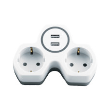 Разветвитель сетевой 2-местный с/з STEKKER ADP16-14-20, 250V, 16A и 2-мя USB выходами на 2,4А, огнеустойчивый пластик, белый/серый (32872)