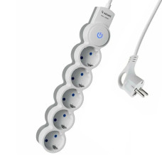Удлинитель 5м, ПВС 3х0.75 5 гнезд, заземление, выключатель 10А белый Космос (YKsm5m-5g-Z-V10A-W)