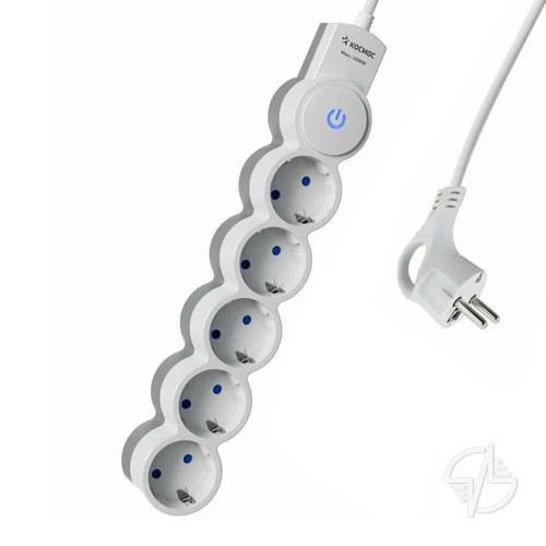 Удлинитель 5м, ПВС 3х0.75 5 гнезд, заземление, выключатель 10А белый Космос (YKsm5m-5g-Z-V10A-W)